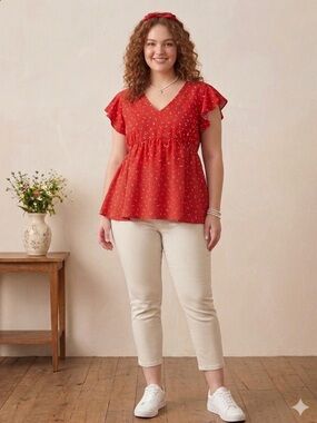 SWEET RAIN Red Heart Print Flutter Sleeve Peplum Blouse 3X EUC